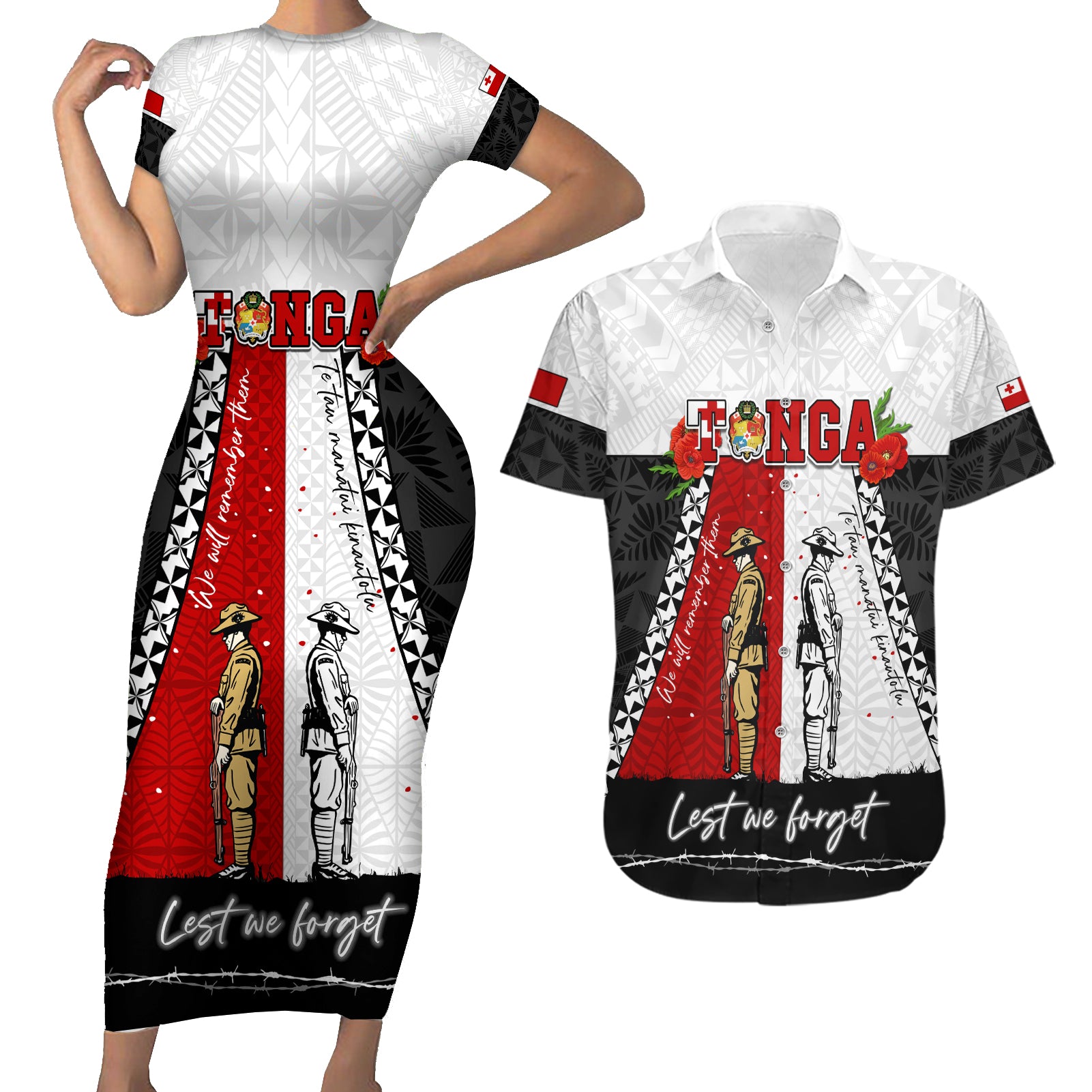 Personalised Tonga ANZAC Day Te Tau Manatui Kinautolu Couples Matching Short Sleeve Bodycon Dress and Hawaiian Shirt Lest We Forget LT05 White - Polynesian Pride