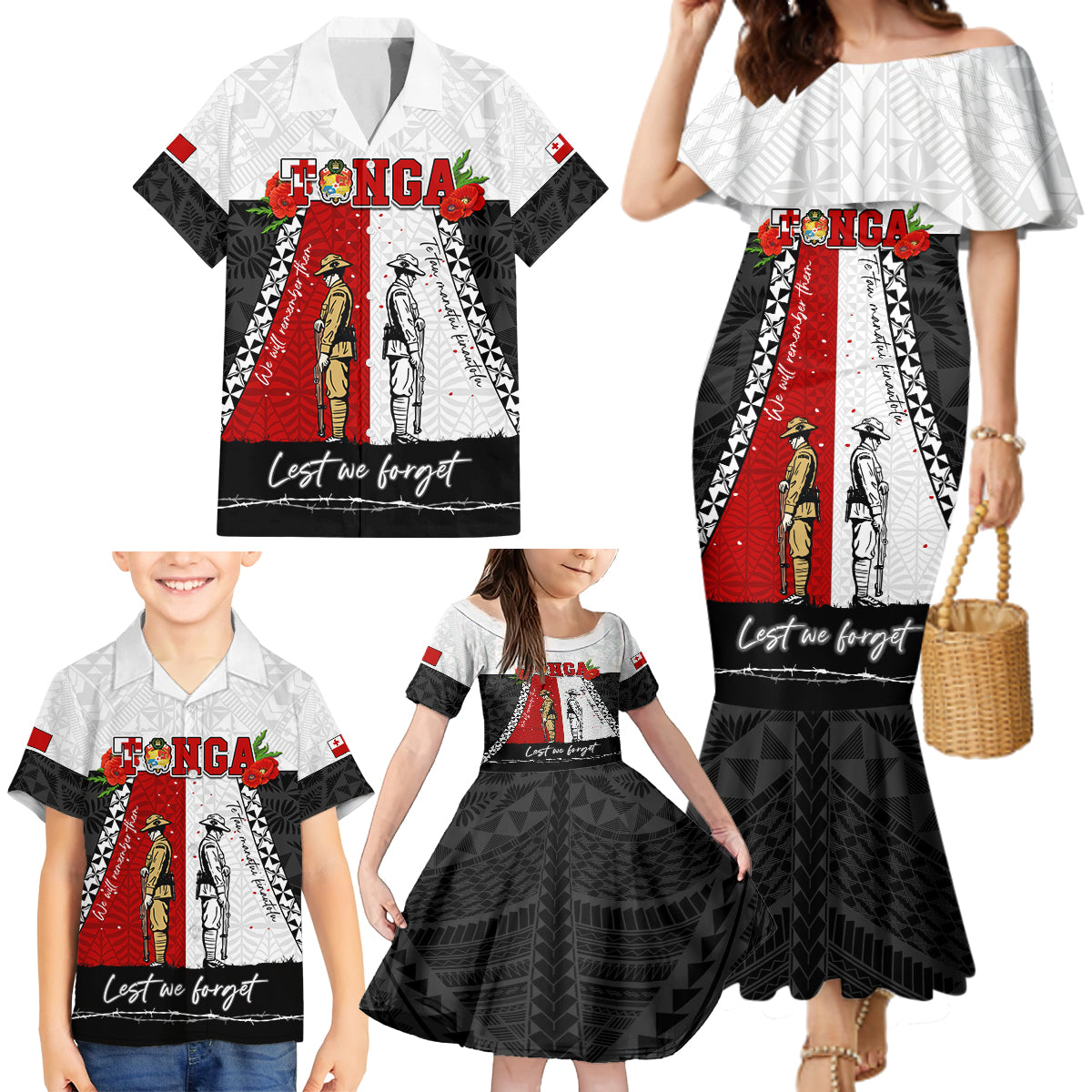 Personalised Tonga ANZAC Day Te Tau Manatui Kinautolu Family Matching Mermaid Dress and Hawaiian Shirt Lest We Forget LT05 - Polynesian Pride