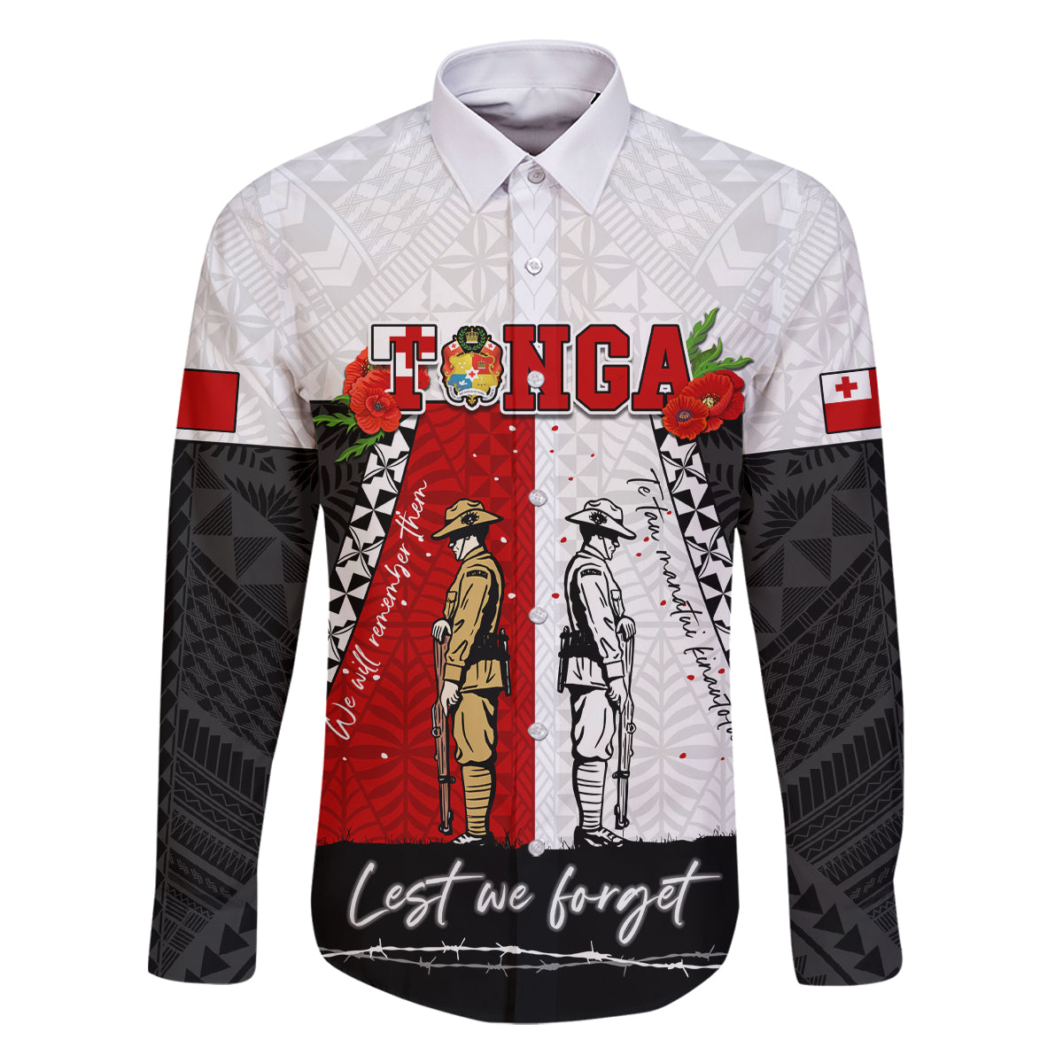 Personalised Tonga ANZAC Day Te Tau Manatui Kinautolu Family Matching Mermaid Dress and Hawaiian Shirt Lest We Forget LT05 Dad's Shirt - Long Sleeve White - Polynesian Pride