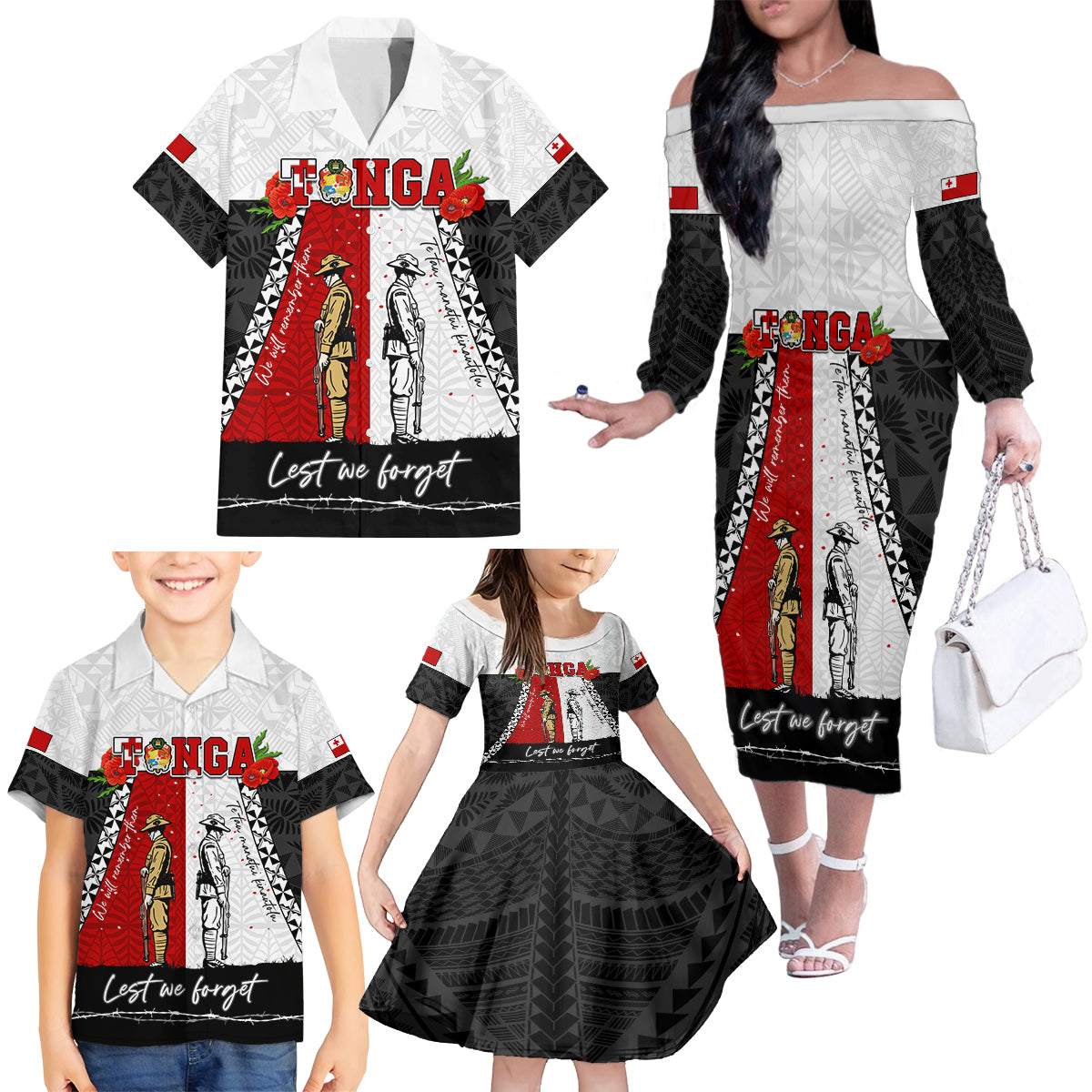 Personalised Tonga ANZAC Day Te Tau Manatui Kinautolu Family Matching Off Shoulder Long Sleeve Dress and Hawaiian Shirt Lest We Forget LT05 - Polynesian Pride