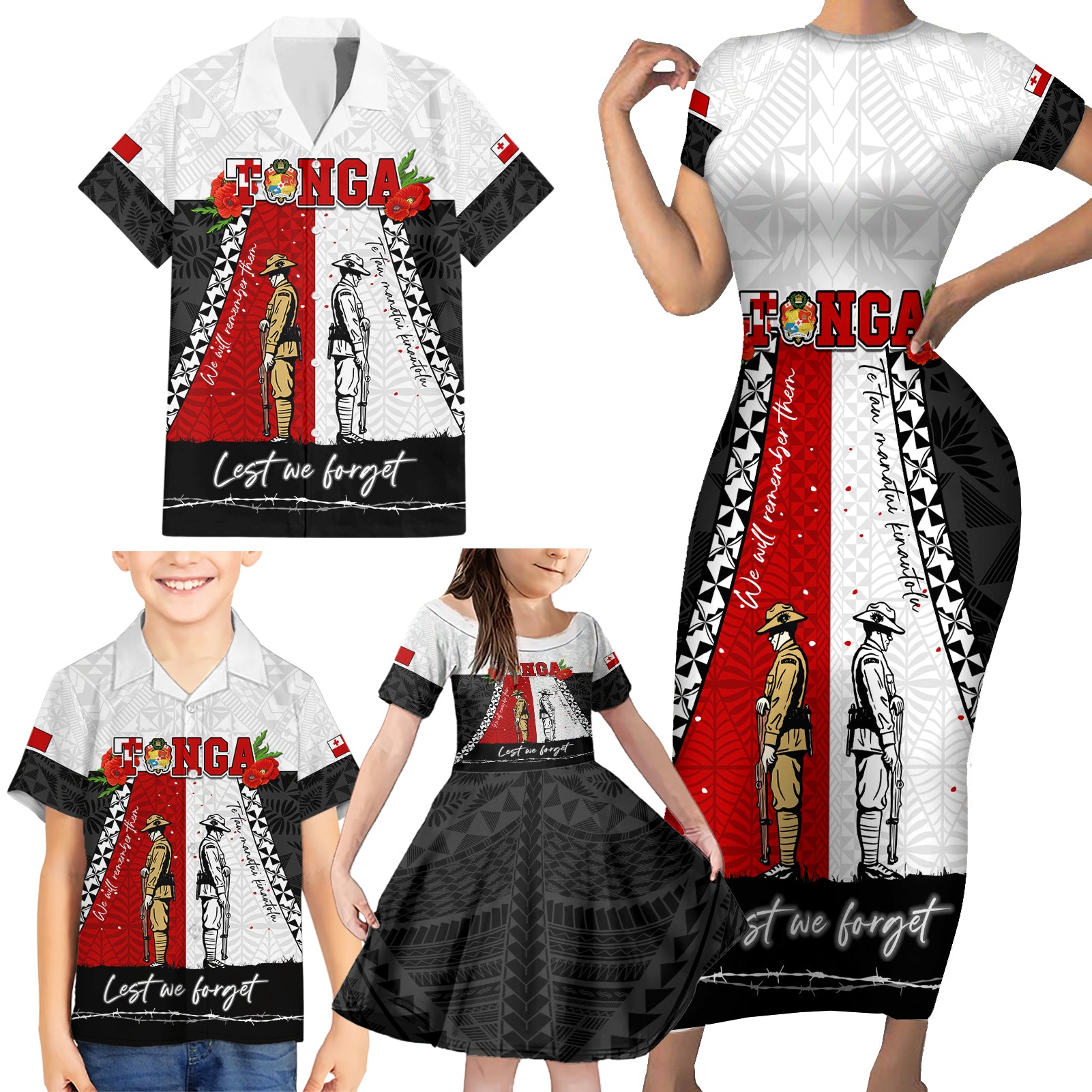 Personalised Tonga ANZAC Day Te Tau Manatui Kinautolu Family Matching Short Sleeve Bodycon Dress and Hawaiian Shirt Lest We Forget LT05 - Polynesian Pride