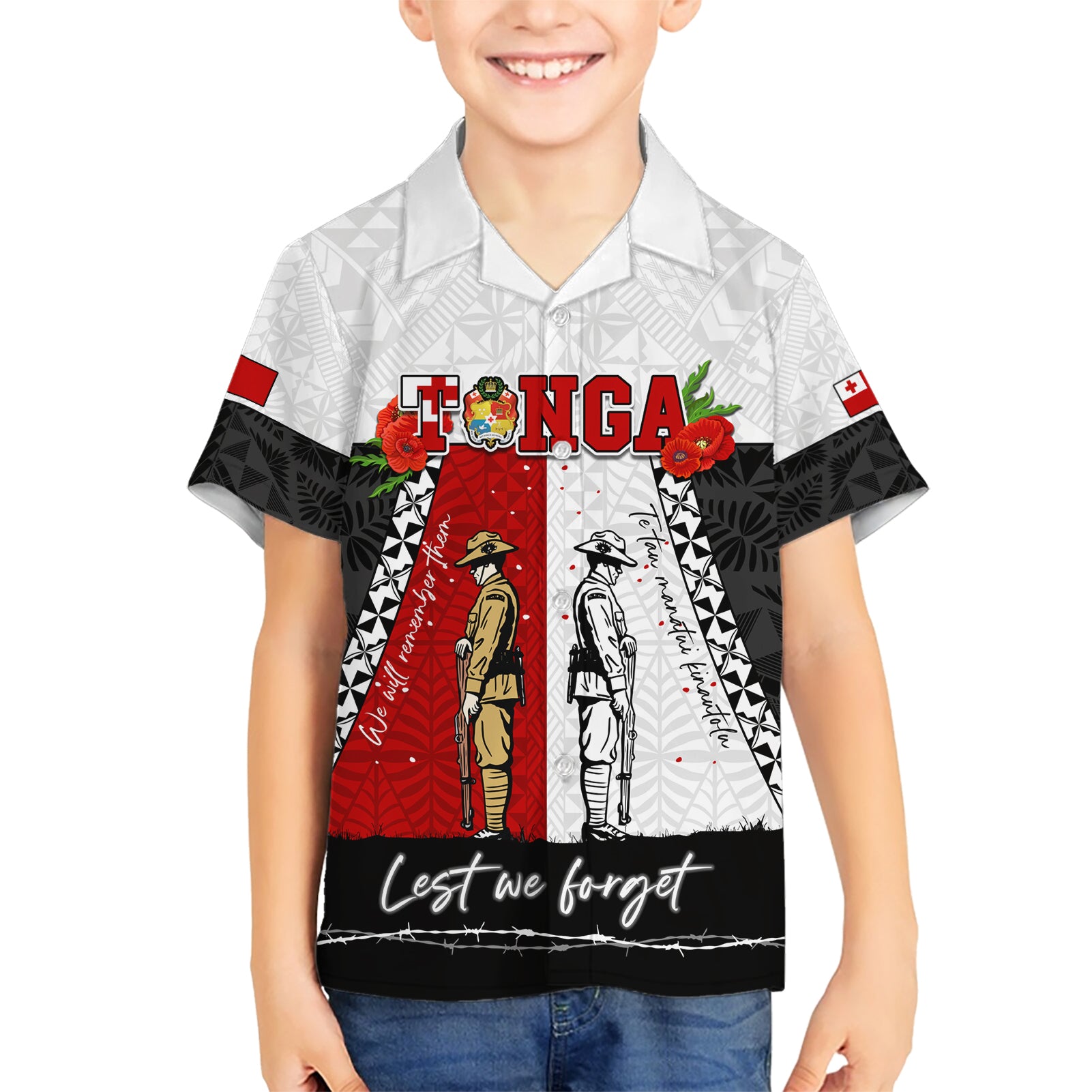 Personalised Tonga ANZAC Day Te Tau Manatui Kinautolu Kid Hawaiian Shirt Lest We Forget LT05 Kid White - Polynesian Pride