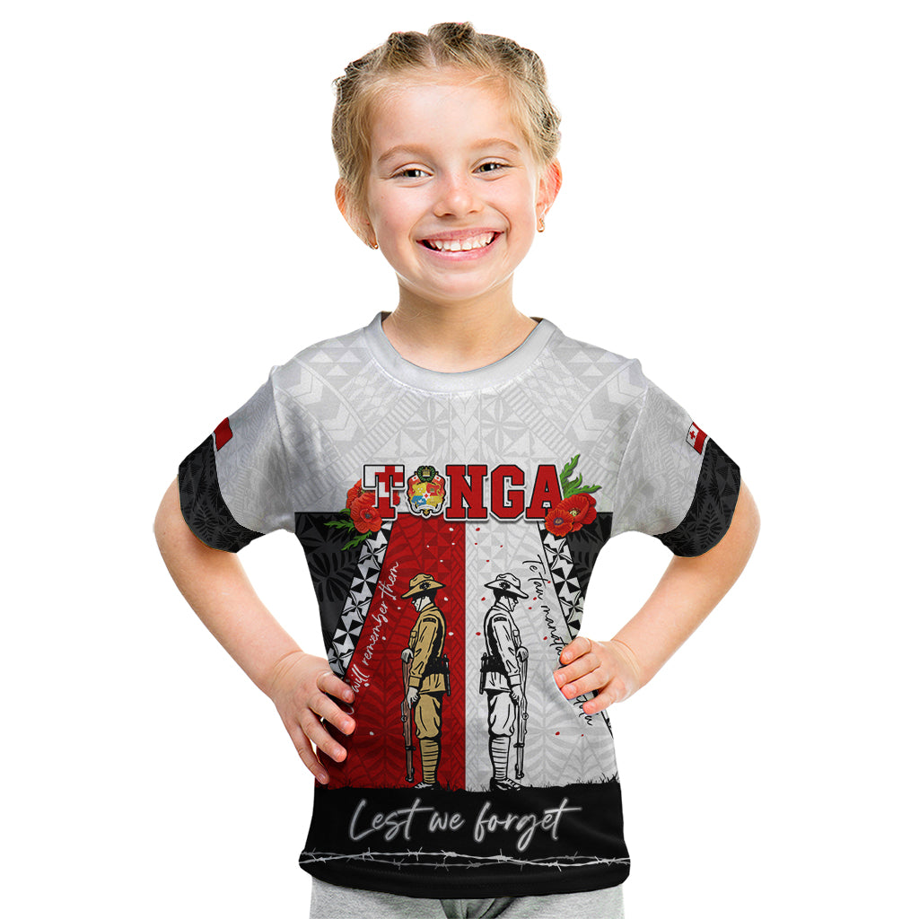 Personalised Tonga ANZAC Day Te Tau Manatui Kinautolu Kid T Shirt Lest We Forget LT05 White - Polynesian Pride