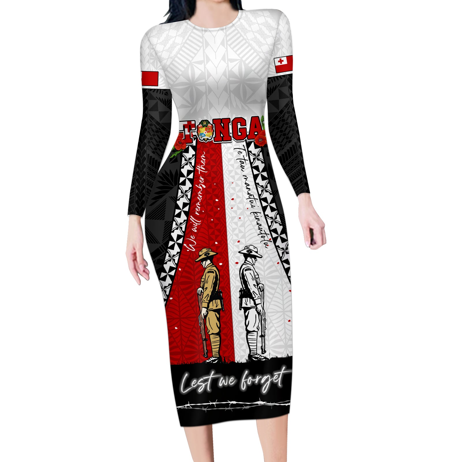 Personalised Tonga ANZAC Day Te Tau Manatui Kinautolu Long Sleeve Bodycon Dress Lest We Forget LT05 Long Dress White - Polynesian Pride