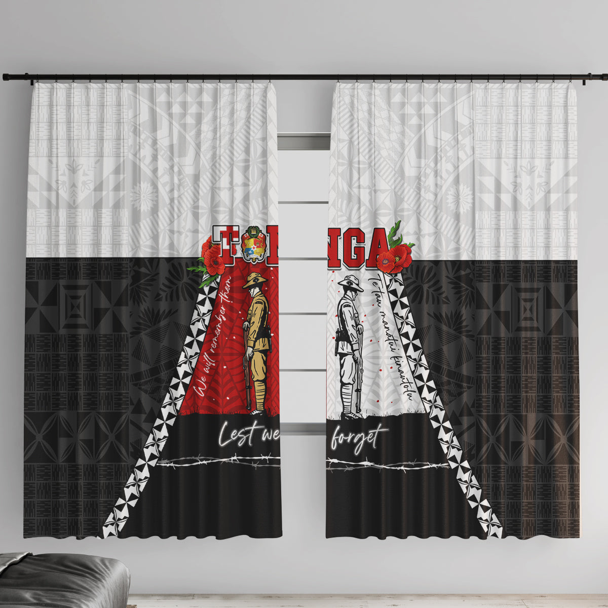 Tonga ANZAC Day Te Tau Manatui Kinautolu Window Curtain Lest We Forget LT05 With Hooks White - Polynesian Pride