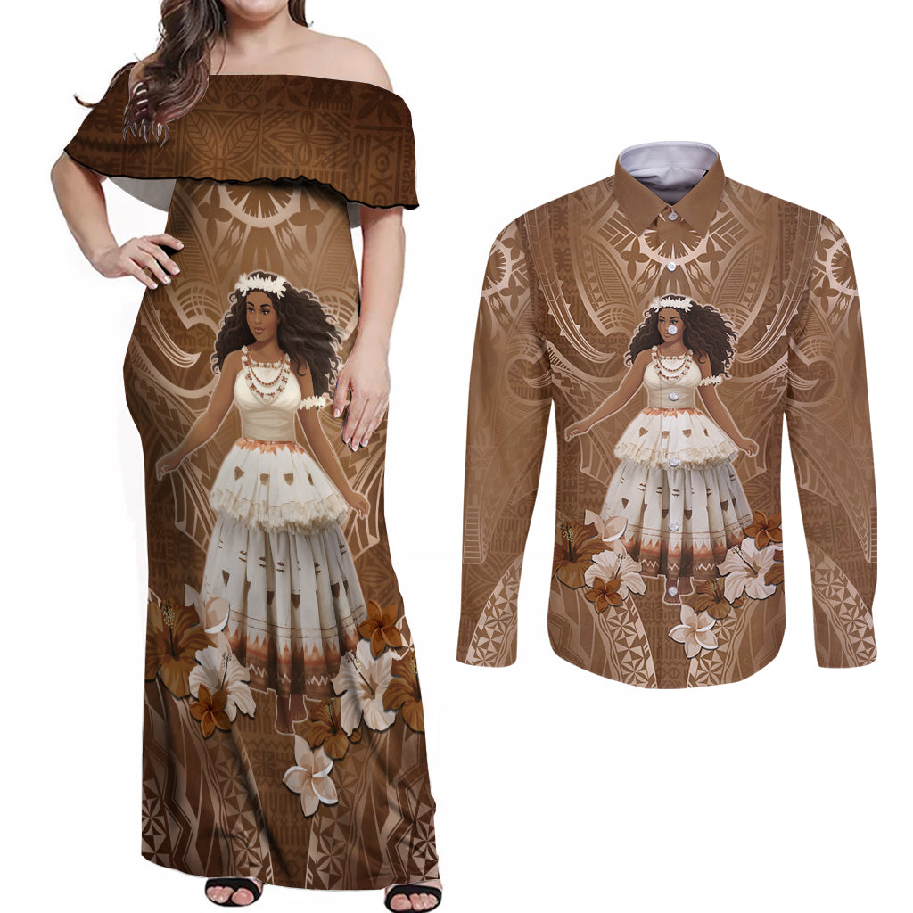 Bula Fiji Women's Day Couples Matching Off Shoulder Maxi Dress and Long Sleeve Button Shirt With Fijian Tapa Pattern LT05 Brown - Polynesian Pride