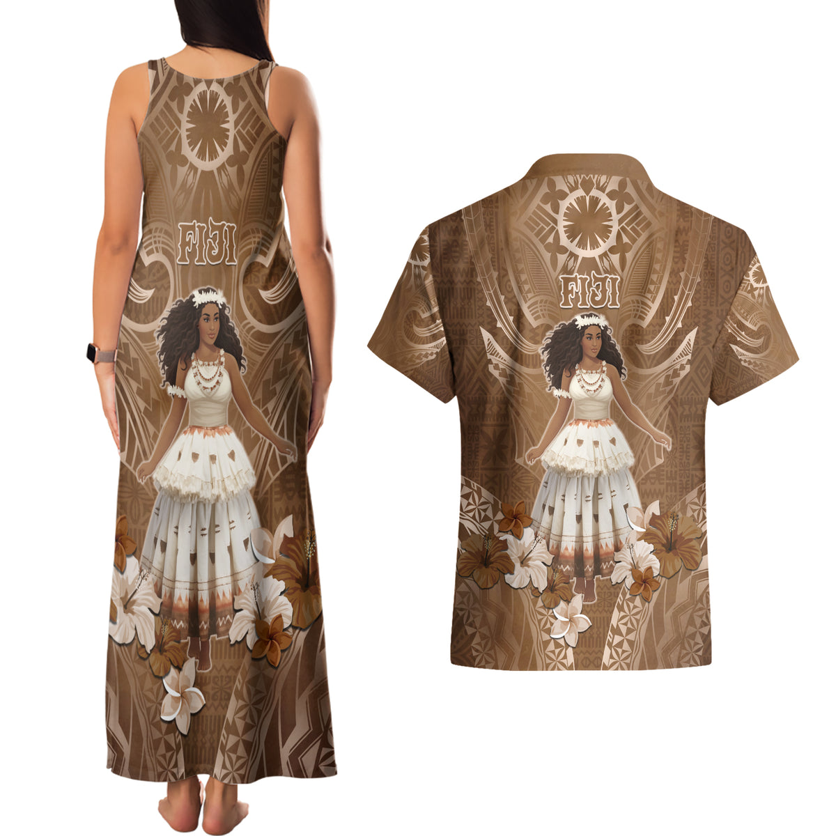 Bula Fiji Women's Day Couples Matching Tank Maxi Dress and Hawaiian Shirt With Fijian Tapa Pattern LT05 - Polynesian Pride