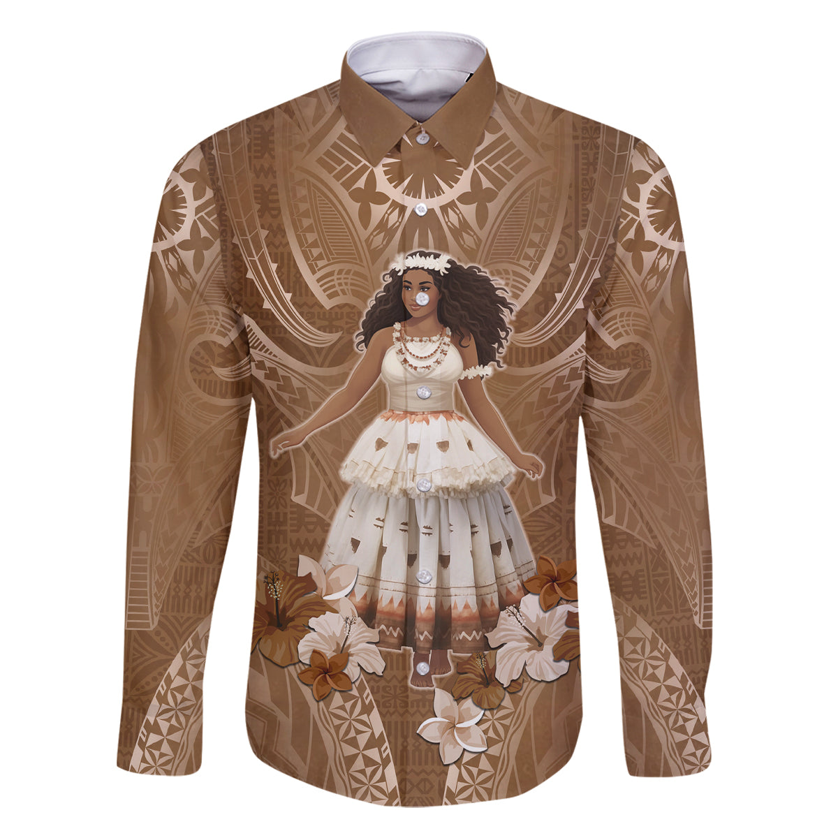 Bula Fiji Women's Day Family Matching Summer Maxi Dress and Hawaiian Shirt With Fijian Tapa Pattern LT05 Dad's Shirt - Long Sleeve Brown - Polynesian Pride