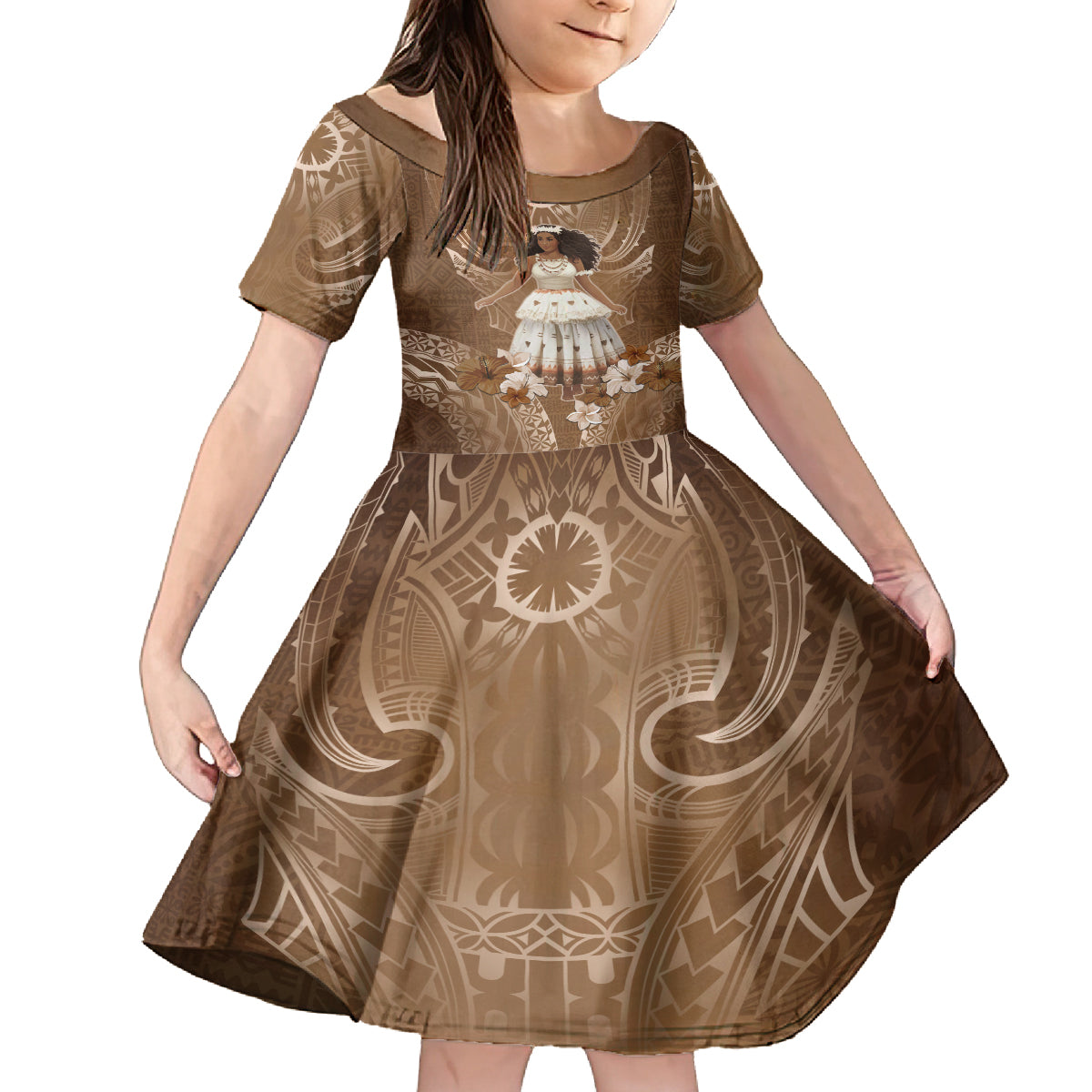 Bula Fiji Women's Day Kid Short Sleeve Dress With Fijian Tapa Pattern LT05 KID Brown - Polynesian Pride