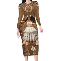 Bula Fiji Women's Day Long Sleeve Bodycon Dress With Fijian Tapa Pattern LT05 Long Dress Brown - Polynesian Pride