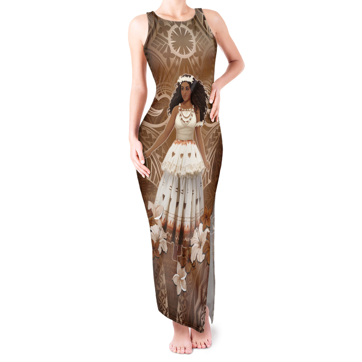 Bula Fiji Women's Day Tank Maxi Dress With Fijian Tapa Pattern LT05 Women Brown - Polynesian Pride