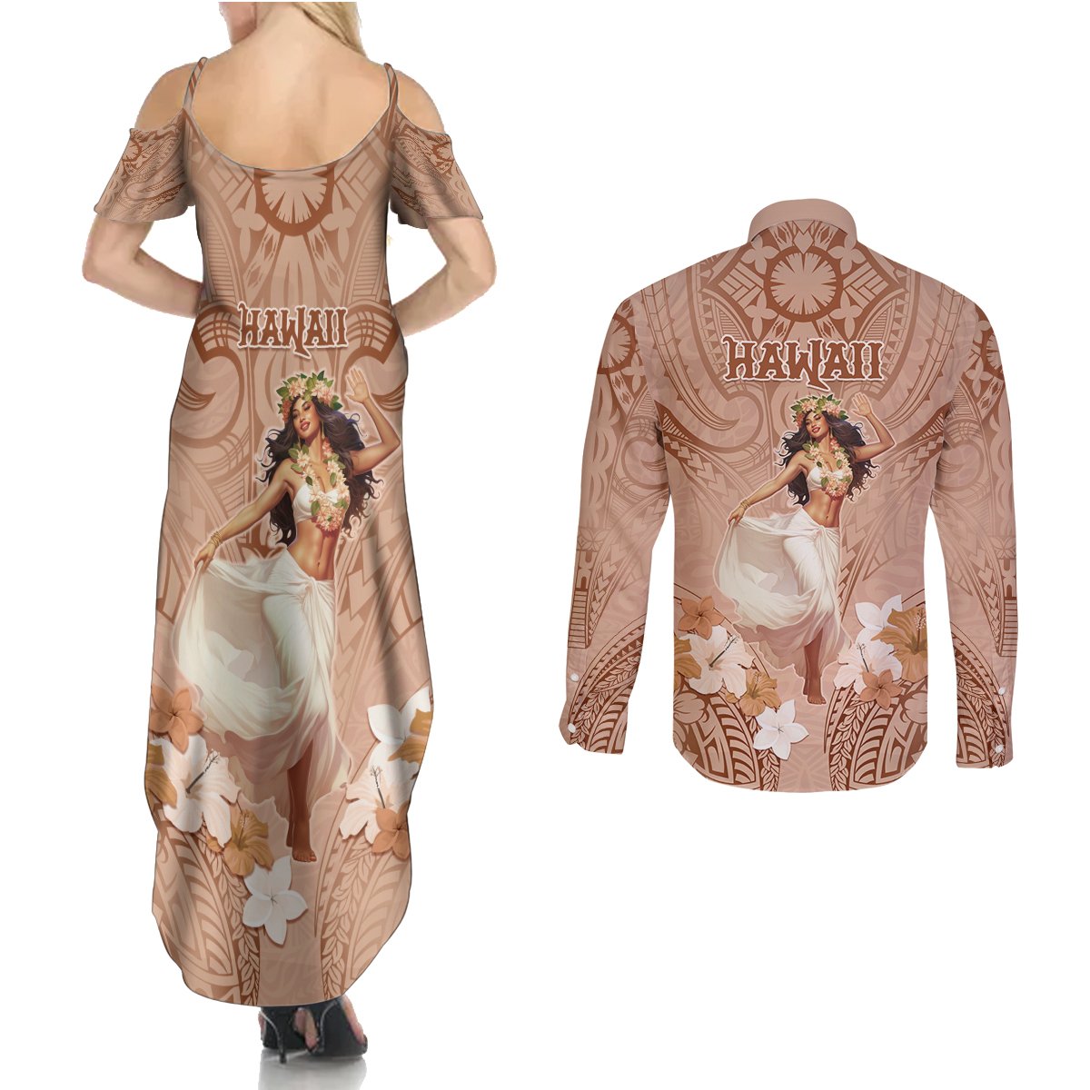 Hawaii Women's Day Couples Matching Summer Maxi Dress and Long Sleeve Button Shirt With Polynesian Pattern LT05 - Polynesian Pride