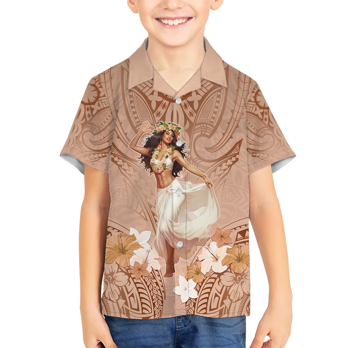 Hawaii Women's Day Family Matching Off Shoulder Long Sleeve Dress and Hawaiian Shirt With Polynesian Pattern LT05 Son's Shirt Brown - Polynesian Pride