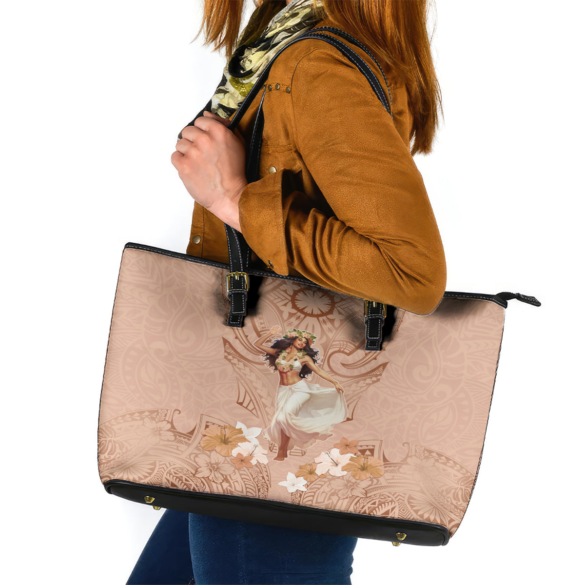 Hawaii Women's Day Leather Tote Bag With Polynesian Pattern LT05 Brown - Polynesian Pride