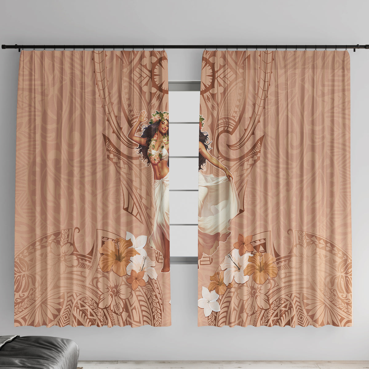 Hawaii Women's Day Window Curtain With Polynesian Pattern LT05 With Hooks Brown - Polynesian Pride