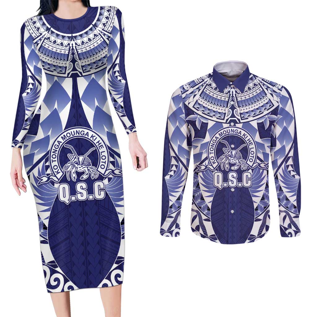 Personalised Tonga Queen Salote College Couples Matching Long Sleeve Bodycon Dress and Long Sleeve Button Shirt Centenary Navy Version LT05 Navy - Polynesian Pride