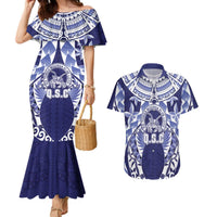 Personalised Tonga Queen Salote College Couples Matching Mermaid Dress and Hawaiian Shirt Centenary Navy Version LT05 Navy - Polynesian Pride