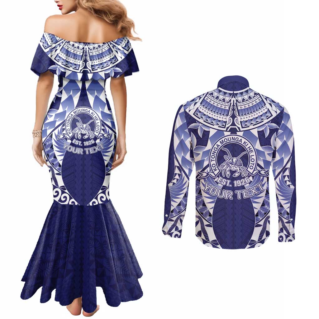 Personalised Tonga Queen Salote College Couples Matching Mermaid Dress and Long Sleeve Button Shirt Centenary Navy Version LT05 - Polynesian Pride