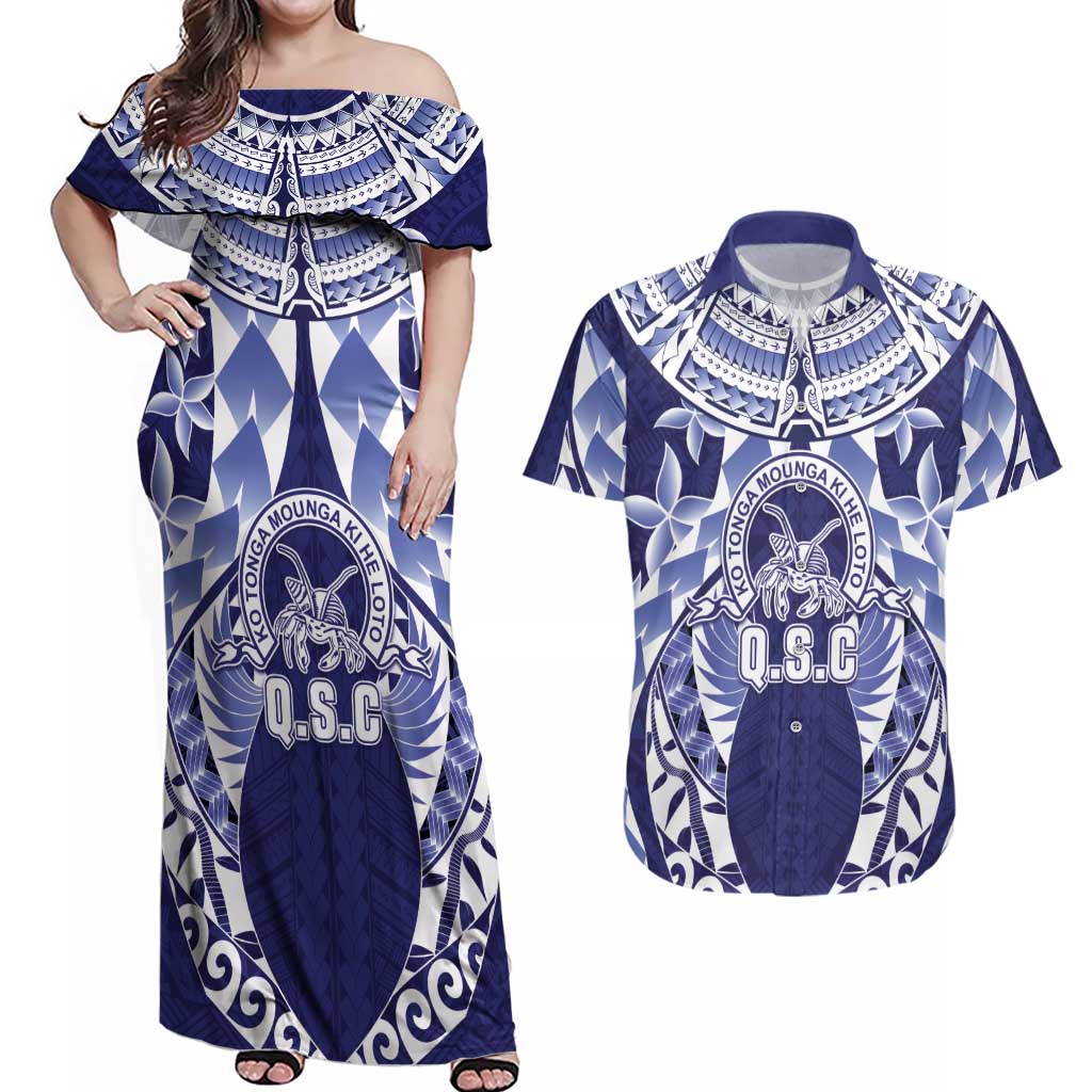 Personalised Tonga Queen Salote College Couples Matching Off Shoulder Maxi Dress and Hawaiian Shirt Centenary Navy Version LT05 Navy - Polynesian Pride