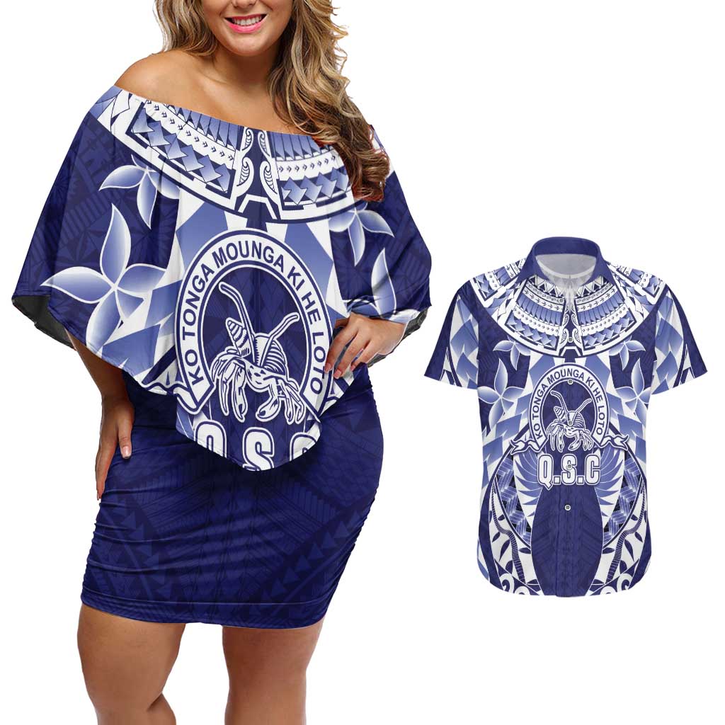 Personalised Tonga Queen Salote College Couples Matching Off Shoulder Short Dress and Hawaiian Shirt Centenary Navy Version LT05 Navy - Polynesian Pride