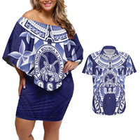 Personalised Tonga Queen Salote College Couples Matching Off Shoulder Short Dress and Hawaiian Shirt Centenary Navy Version LT05 Navy - Polynesian Pride