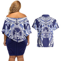 Personalised Tonga Queen Salote College Couples Matching Off Shoulder Short Dress and Hawaiian Shirt Centenary Navy Version LT05 - Polynesian Pride