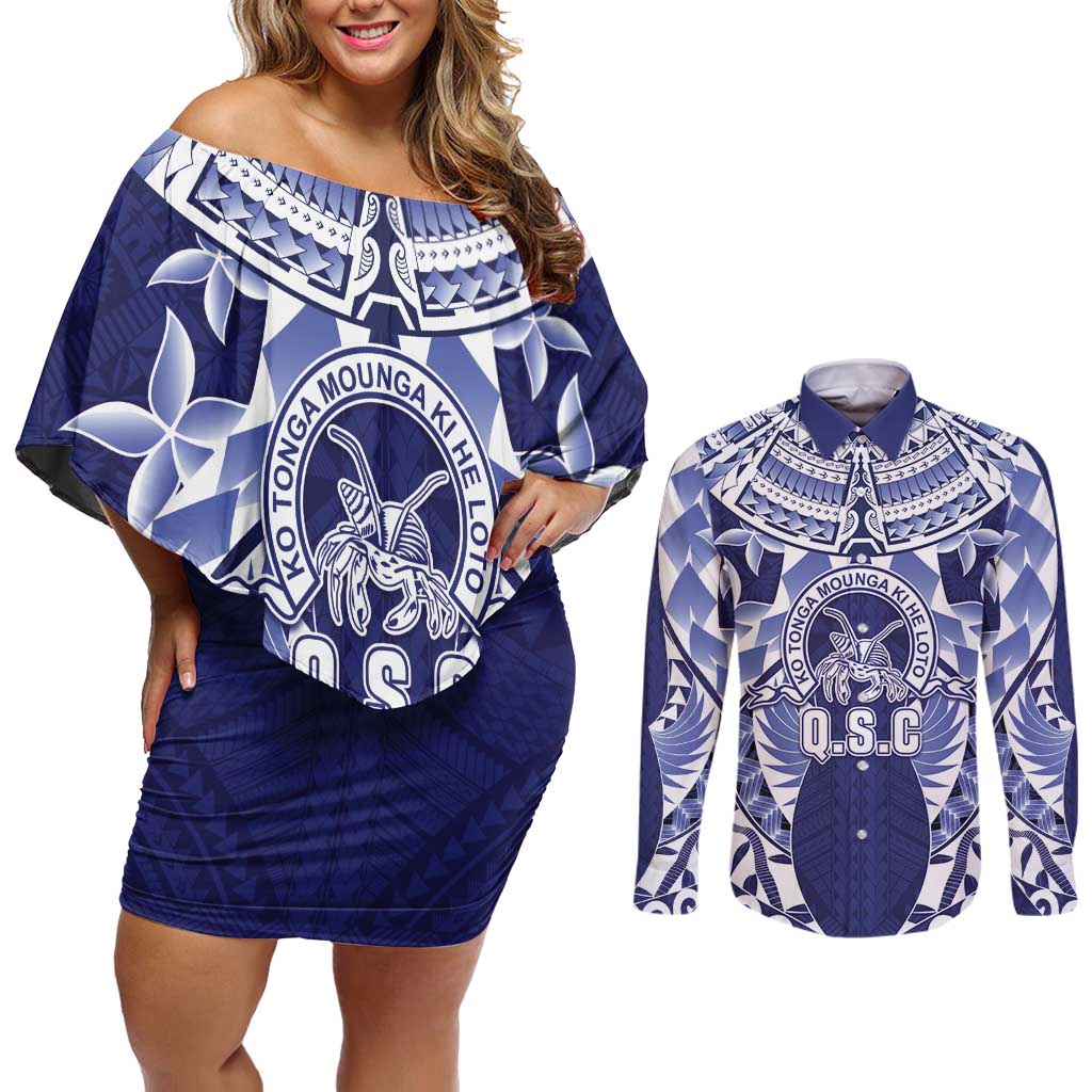 Personalised Tonga Queen Salote College Couples Matching Off Shoulder Short Dress and Long Sleeve Button Shirt Centenary Navy Version LT05 Navy - Polynesian Pride