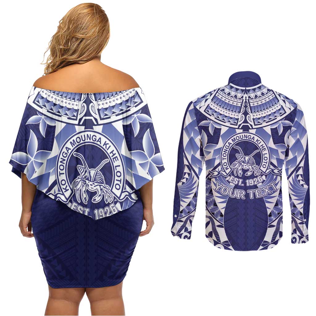 Personalised Tonga Queen Salote College Couples Matching Off Shoulder Short Dress and Long Sleeve Button Shirt Centenary Navy Version LT05 - Polynesian Pride