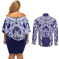 Personalised Tonga Queen Salote College Couples Matching Off Shoulder Short Dress and Long Sleeve Button Shirt Centenary Navy Version LT05 - Polynesian Pride