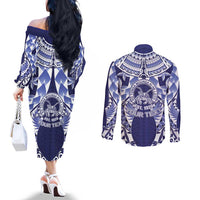 Personalised Tonga Queen Salote College Couples Matching Off The Shoulder Long Sleeve Dress and Long Sleeve Button Shirt Centenary Navy Version LT05 - Polynesian Pride