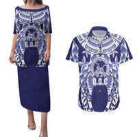 Personalised Tonga Queen Salote College Couples Matching Puletasi and Hawaiian Shirt Centenary Navy Version LT05 Navy - Polynesian Pride