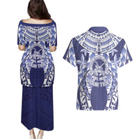 Personalised Tonga Queen Salote College Couples Matching Puletasi and Hawaiian Shirt Centenary Navy Version LT05 - Polynesian Pride