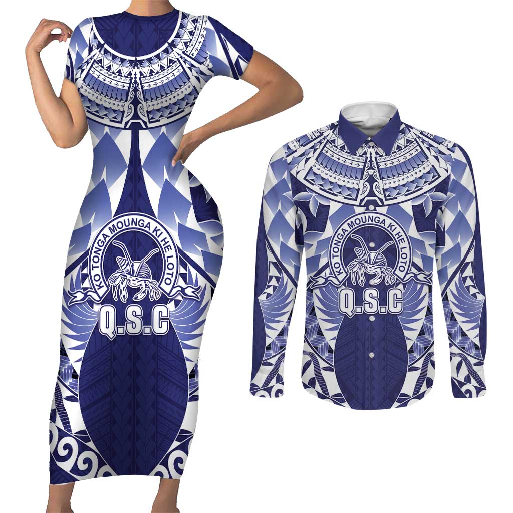 Personalised Tonga Queen Salote College Couples Matching Short Sleeve Bodycon Dress and Long Sleeve Button Shirt Centenary Navy Version LT05 Navy - Polynesian Pride