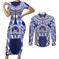 Personalised Tonga Queen Salote College Couples Matching Short Sleeve Bodycon Dress and Long Sleeve Button Shirt Centenary Navy Version LT05 Navy - Polynesian Pride