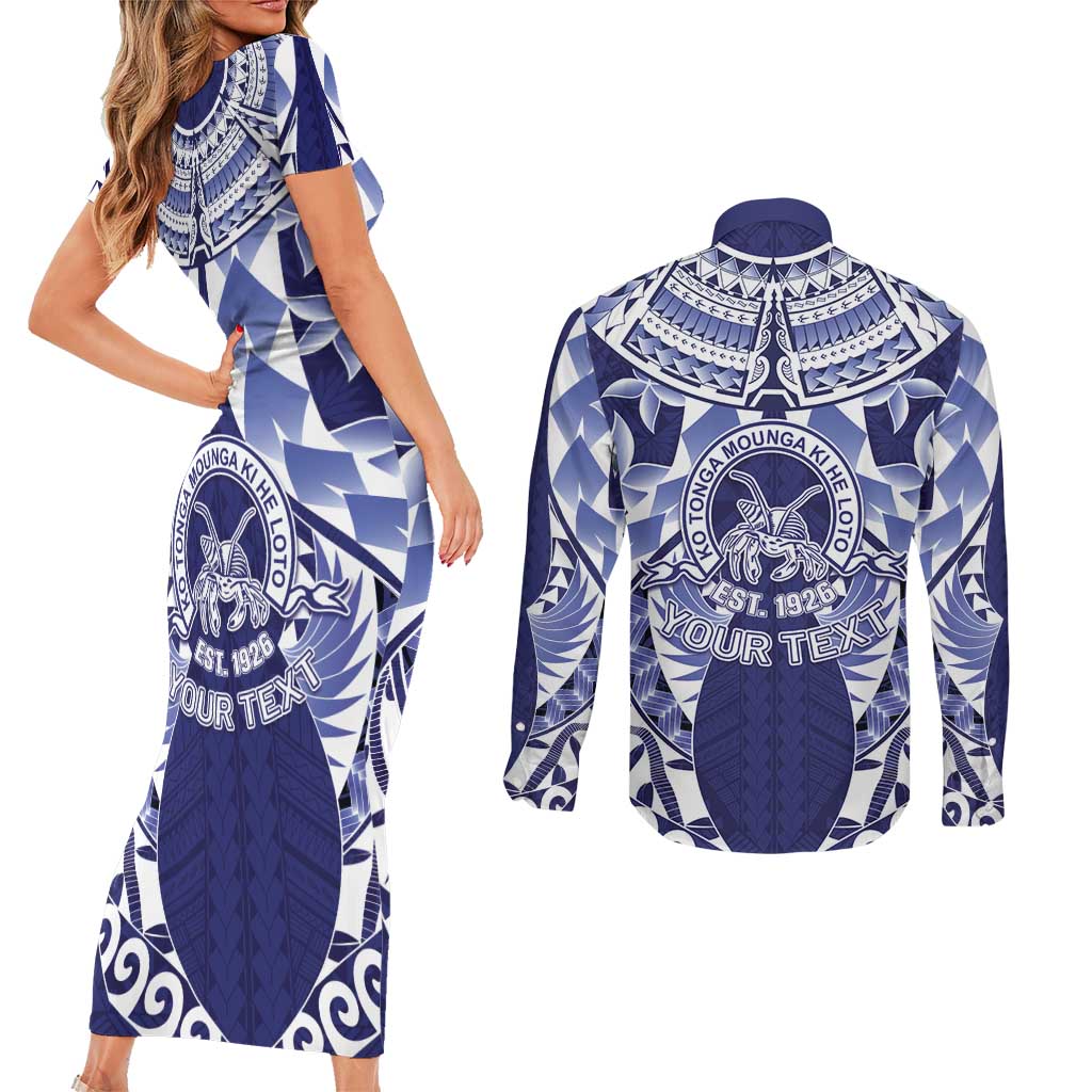 Personalised Tonga Queen Salote College Couples Matching Short Sleeve Bodycon Dress and Long Sleeve Button Shirt Centenary Navy Version LT05 - Polynesian Pride