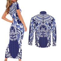 Personalised Tonga Queen Salote College Couples Matching Short Sleeve Bodycon Dress and Long Sleeve Button Shirt Centenary Navy Version LT05 - Polynesian Pride