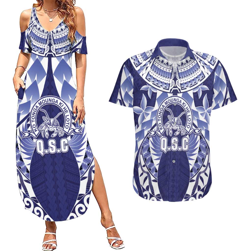Personalised Tonga Queen Salote College Couples Matching Summer Maxi Dress and Hawaiian Shirt Centenary Navy Version LT05 Navy - Polynesian Pride