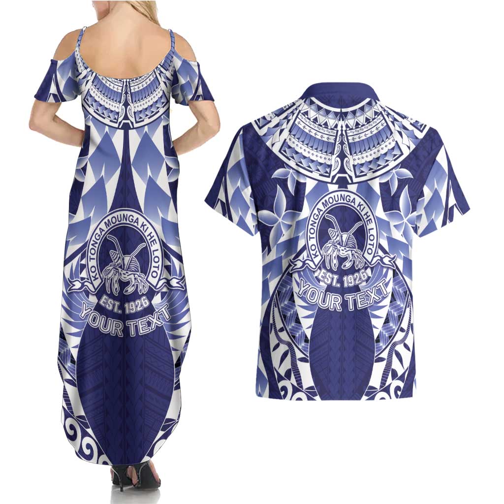 Personalised Tonga Queen Salote College Couples Matching Summer Maxi Dress and Hawaiian Shirt Centenary Navy Version LT05 - Polynesian Pride