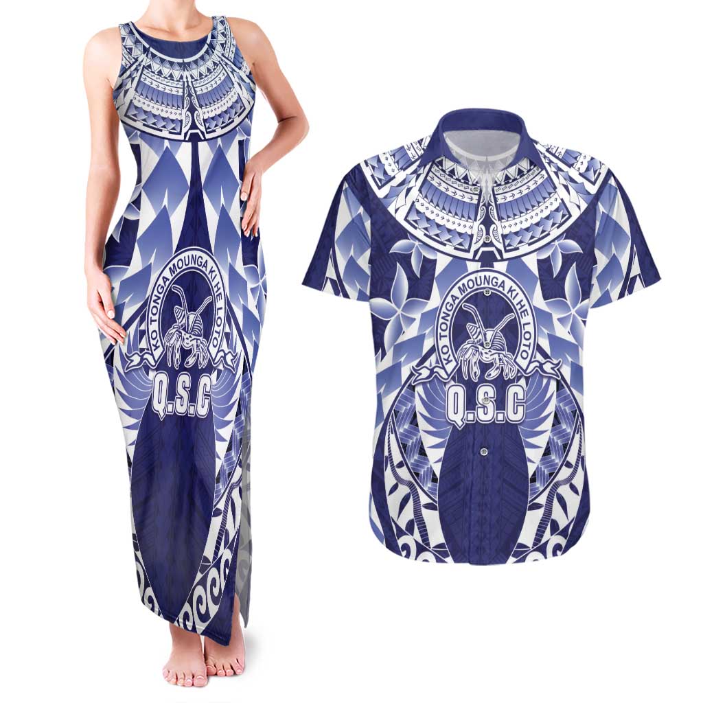 Personalised Tonga Queen Salote College Couples Matching Tank Maxi Dress and Hawaiian Shirt Centenary Navy Version LT05 Navy - Polynesian Pride