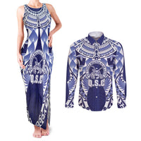 Personalised Tonga Queen Salote College Couples Matching Tank Maxi Dress and Long Sleeve Button Shirt Centenary Navy Version LT05 Navy - Polynesian Pride