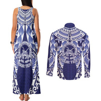 Personalised Tonga Queen Salote College Couples Matching Tank Maxi Dress and Long Sleeve Button Shirt Centenary Navy Version LT05 - Polynesian Pride