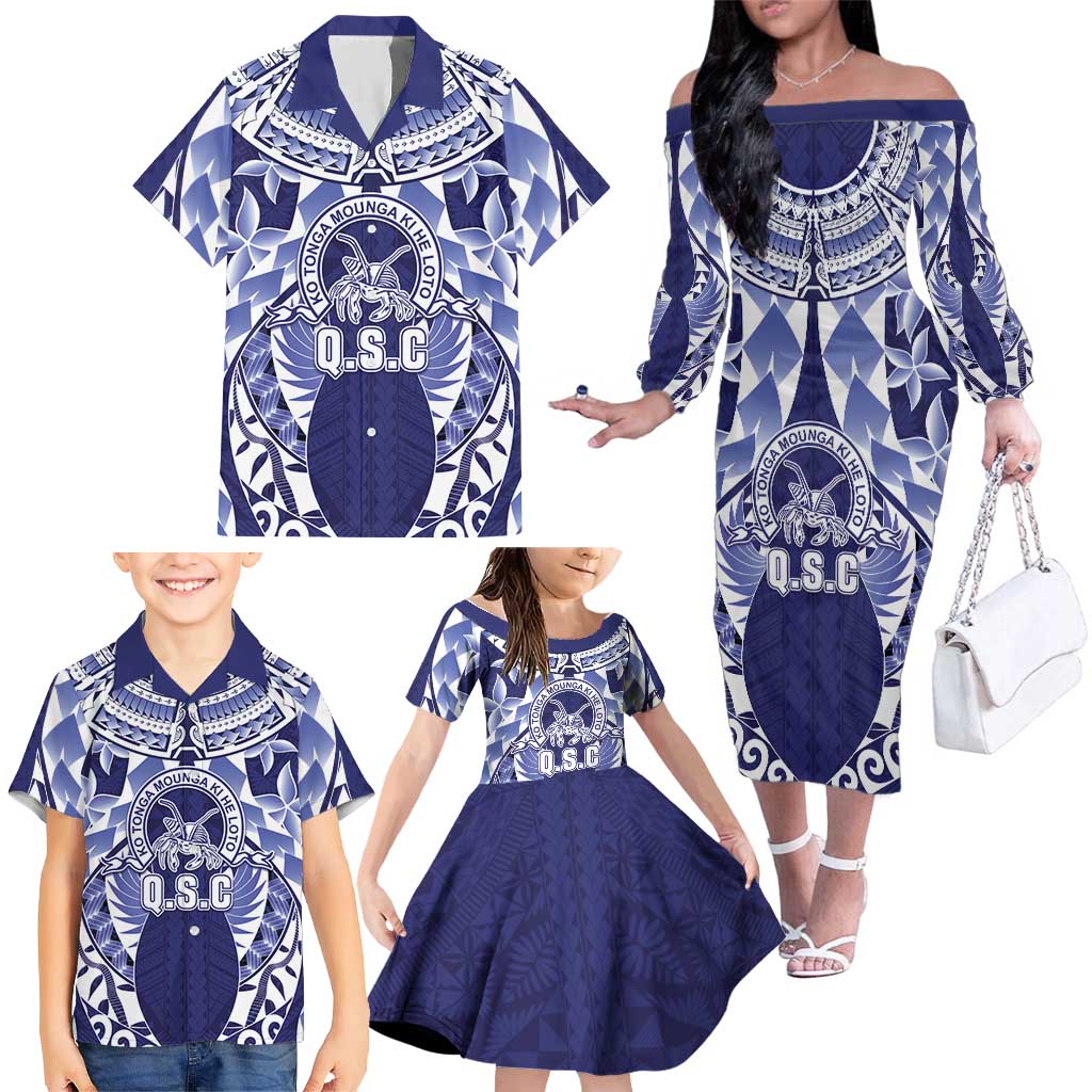Personalised Tonga Queen Salote College Family Matching Off The Shoulder Long Sleeve Dress and Hawaiian Shirt Centenary Navy Version LT05 - Polynesian Pride