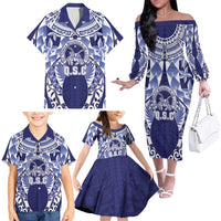 Personalised Tonga Queen Salote College Family Matching Off The Shoulder Long Sleeve Dress and Hawaiian Shirt Centenary Navy Version