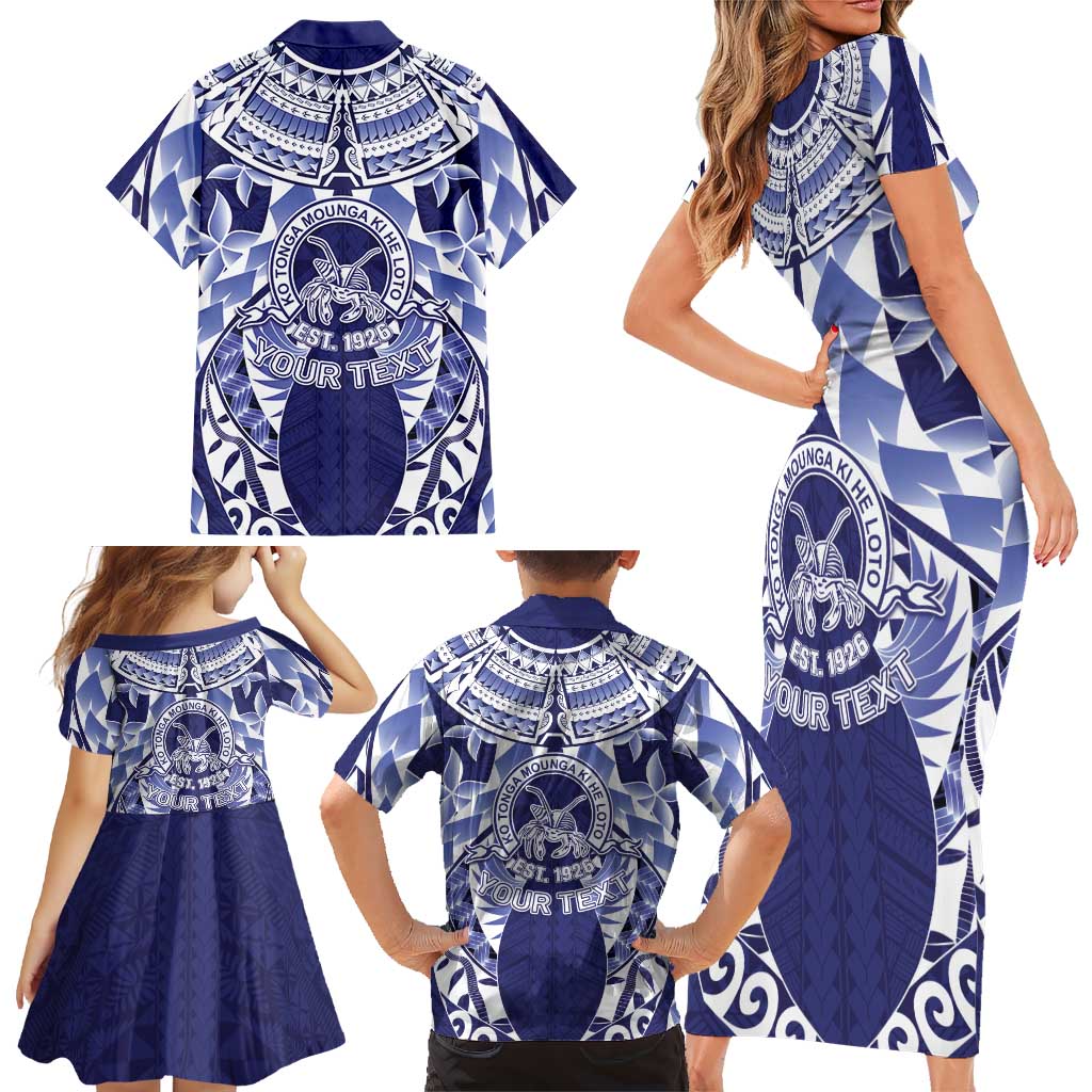Personalised Tonga Queen Salote College Family Matching Short Sleeve Bodycon Dress and Hawaiian Shirt Centenary Navy Version