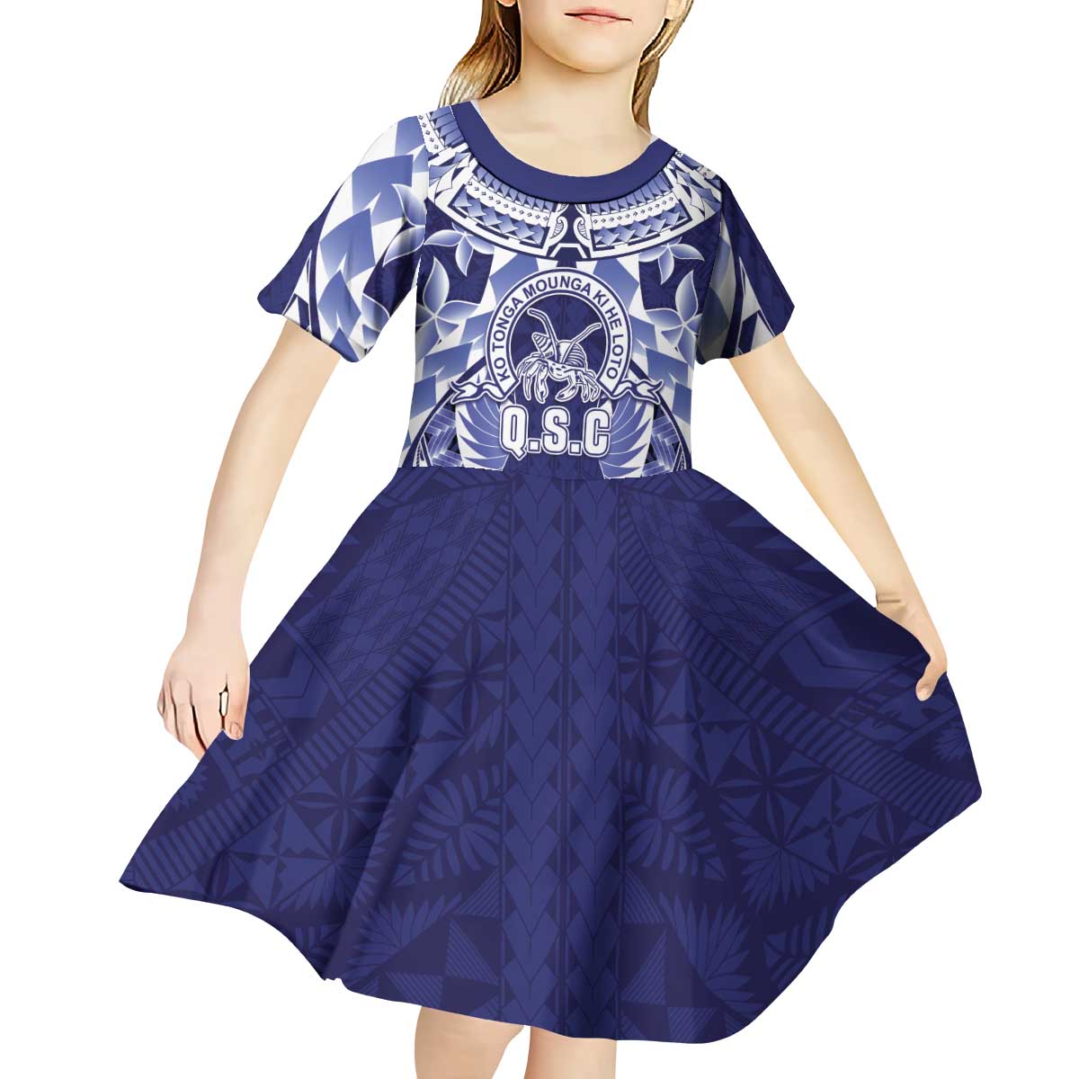 Personalised Tonga Queen Salote College Kid Short Sleeve Dress Centenary Navy Version LT05 - Polynesian Pride