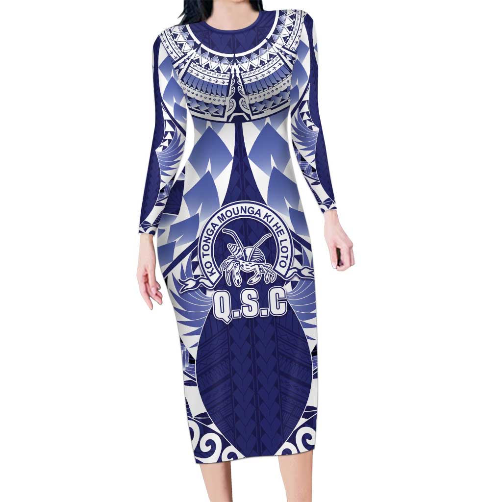 Personalised Tonga Queen Salote College Long Sleeve Bodycon Dress Centenary Navy Version LT05 Long Dress Navy - Polynesian Pride