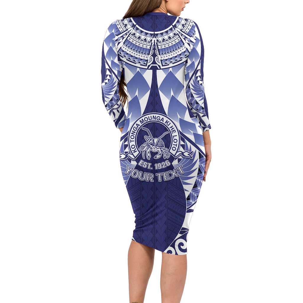 Personalised Tonga Queen Salote College Long Sleeve Bodycon Dress Centenary Navy Version LT05 - Polynesian Pride