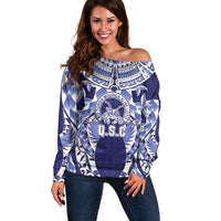 Personalised Tonga Queen Salote College Off Shoulder Sweater Centenary Navy Version LT05 Women Navy - Polynesian Pride