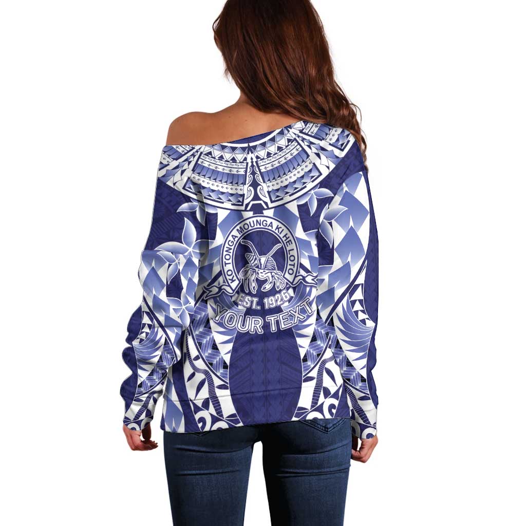 Personalised Tonga Queen Salote College Off Shoulder Sweater Centenary Navy Version LT05 - Polynesian Pride