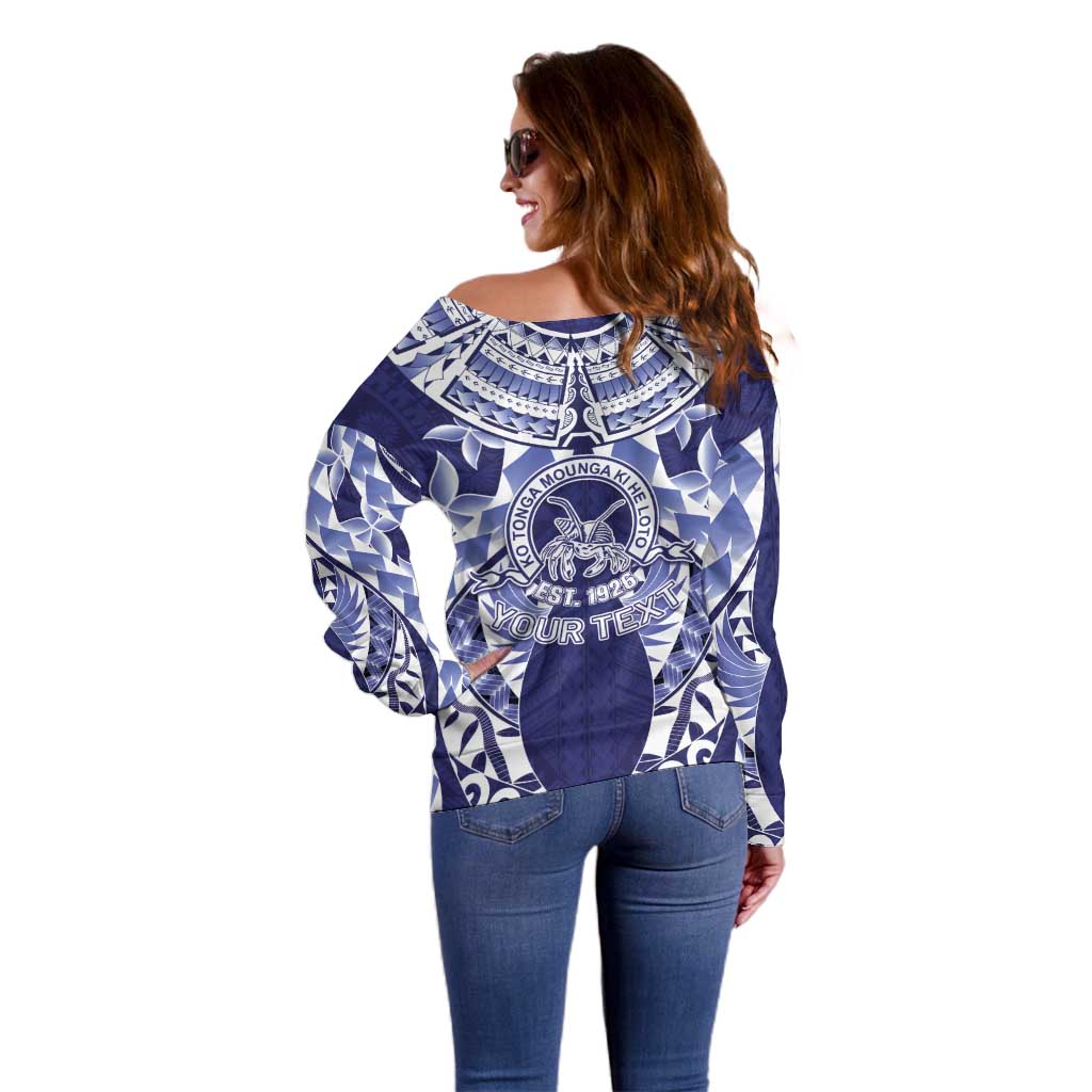 Personalised Tonga Queen Salote College Off Shoulder Sweater Centenary Navy Version LT05 - Polynesian Pride